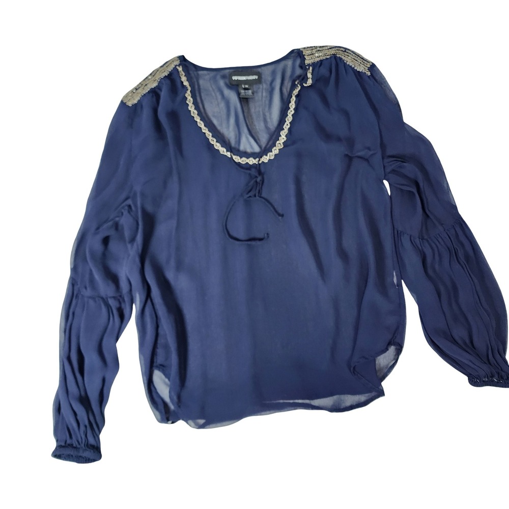 Fifteen Twenty Navy Blue Sequin Beaded Boho Bishop Sleeve Blouse Medium